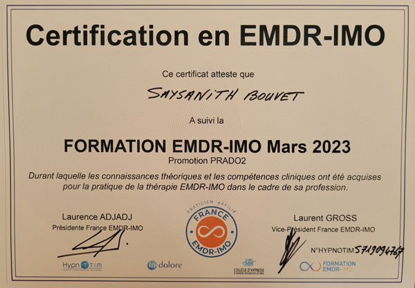 Saysanith BOUVET Certification EMDR - IMO Saysanith BOUVET Certification EMDR - IMO