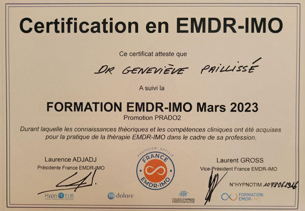 Dr Genevieve PAILLISSE Inscription au Registre France EMDR - IMO ® Dr Genevieve PAILLISSE Inscription au Registre France EMDR - IMO ®