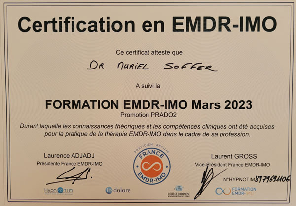 Dr Muriel SOFFER Diplôme Certification EMDR - IMO Dr Muriel SOFFER Diplôme Certification EMDR - IMO