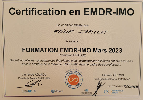 Emilie JARILLOT Certification EMDR - IMO Emilie JARILLOT Certification EMDR - IMO