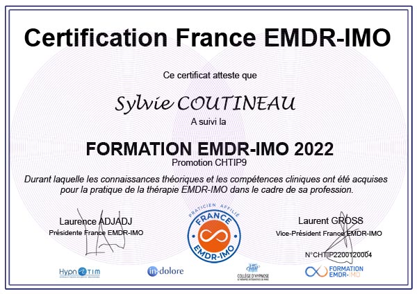 Certificat de Sylvie COUTINEAU, Hypnothérapeute dans le 44119, inscrite au Registre France EMDR - IMO ®