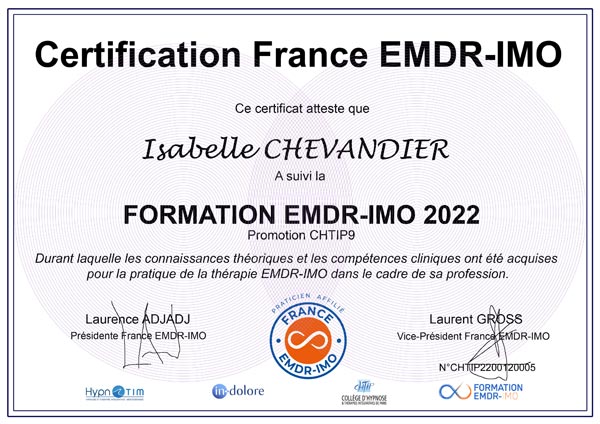 Certificat d'Isabelle CHEVANDIER Hypnothérapeute dans le 62124, inscrite au Registre France EMDR - IMO ®