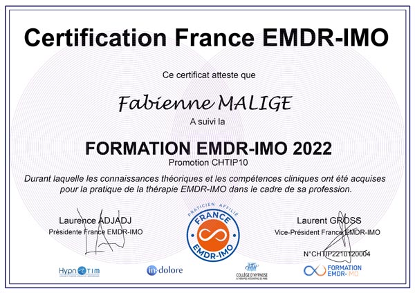 Certification de Formation de Fabienne MALIGE à Nancy, inscrite au Registre France EMDR - IMO ®
