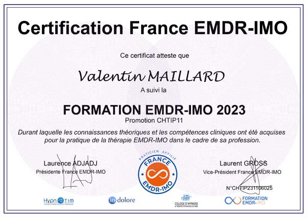 Certification de Formation de Valentin MAILLARD inscrit au Registre France EMDR - IMO ® Certification de Formation de Valentin MAILLARD inscrit au Registre France EMDR - IMO ®