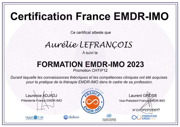 Certification Aurélie LEFRANCOIS, inscrite au Registre France EMDR - IMO ®