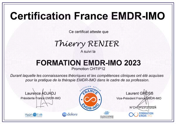 Certification Thierry RENIER, inscrit au Registre France EMDR - IMO ®