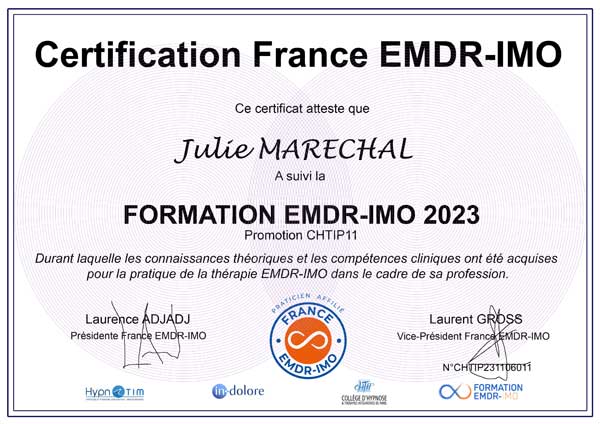 Certification Julie MARECHAL, inscrite au Registre France EMDR - IMO ®. Bordeaux