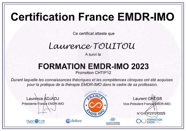 Certification Laurence TOUITOU, inscrite au Registre France EMDR - IMO ®