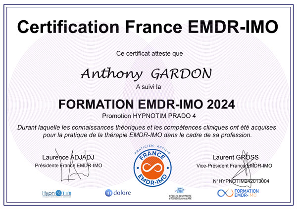 Certification Anthony GARDON, EMDR - IMO à Marseille