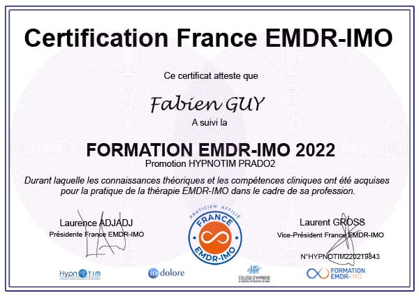 Certification Fabien GUY, Hypnothérapeute, praticien EMDR IMO