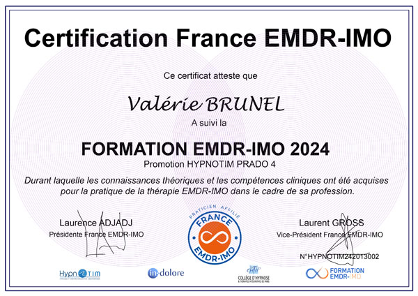 Certification Valérie BRUNEL par France EMDR-IMO Certification Valérie BRUNEL par France EMDR-IMO