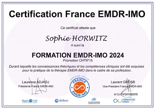 Certification Sophie HORWITZ, Praticienne EMDR-IMO Certification Sophie HORWITZ, Praticienne EMDR-IMO