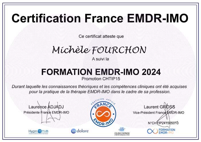 Diplôme de Michèle FOURCHON, Radiologue, Sénologue, Thérapeute EMDR IMO dans le 34 Diplôme de Michèle FOURCHON, Radiologue, Sénologue, Thérapeute EMDR IMO dans le 34