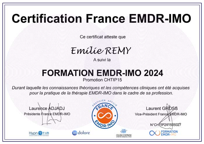 Diplôme Dr Emilie REMY, Médecin Sexothérapeute, Thérapeute EMDR IMO dans le 57. Diplôme Dr Emilie REMY, Médecin Sexothérapeute, Thérapeute EMDR IMO dans le 57.