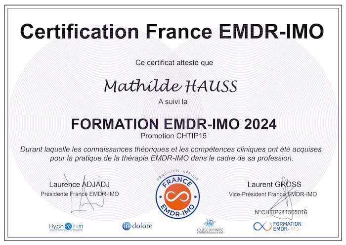 Diplôme de Mathilde HAUSS décerné par France EMDR - IMO Diplôme de Mathilde HAUSS décerné par France EMDR - IMO