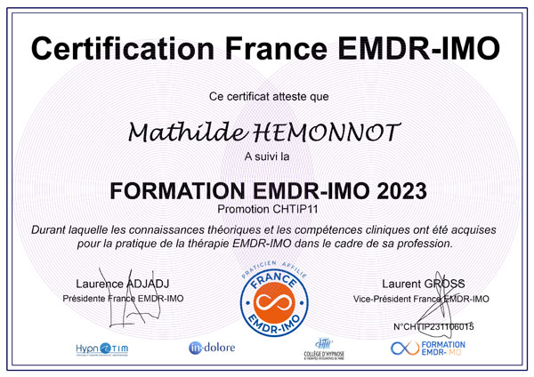 Diplôme de Mathilde HEMONNOT, EMDR IMO et Hypnose à Auxerre en Bourgogne dans le 89 Diplôme de Mathilde HEMONNOT, EMDR IMO et Hypnose à Auxerre en Bourgogne dans le 89