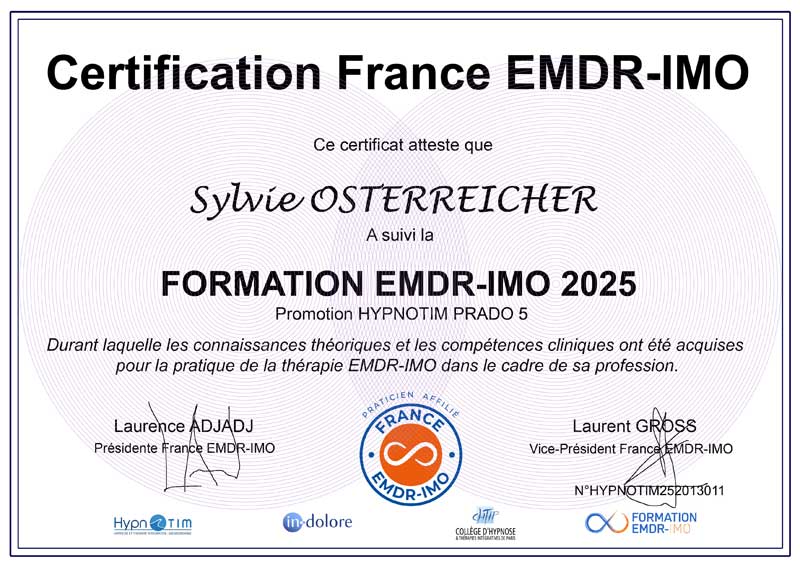 Diplôme du Dr Sylvie OSTERREICHER, Médecin Légiste, Membre de France EMDR - IMO. 