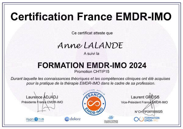 Certification d'Anne LALANDE en EMDR IMO, EMDR Intégrative Certification d'Anne LALANDE en EMDR IMO, EMDR Intégrative