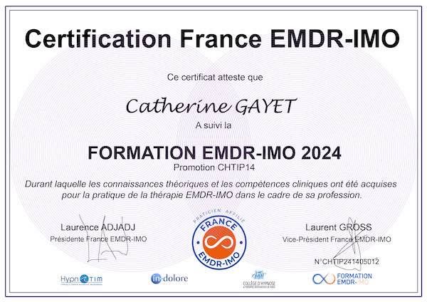 Certification de Catherine GAYET, Praticienne EMDR - IMO.