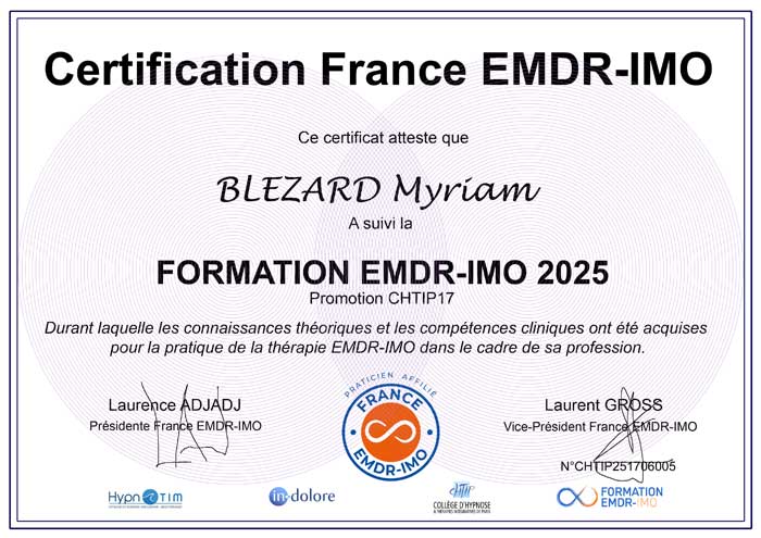 Certification de Myriam BLEZARD, EMDR, Hypnose à Bordeaux