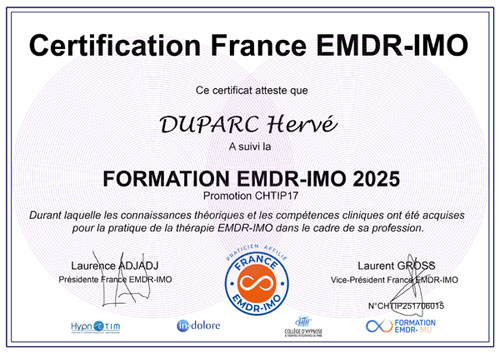Certification de Hervé DUPARC, Thérapeute EMDR IMO, Psychologue. Certification de Hervé DUPARC, Thérapeute EMDR IMO, Psychologue.