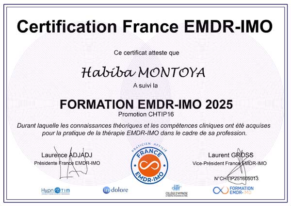 Certificat de Habiba MONTOYA, Thérapeute EMDR - IMO à Mulhouse, Psychologue Certificat de Habiba MONTOYA, Thérapeute EMDR - IMO à Mulhouse, Psychologue