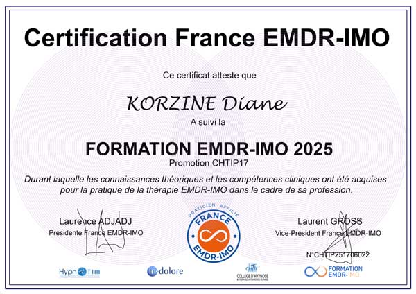 Certification en EMDR - IMO, EMDR Intégrative de Diane KORZINE, thérapeute dans le 78000 et le 89 Certification en EMDR - IMO, EMDR Intégrative de Diane KORZINE, thérapeute dans le 78000 et le 89