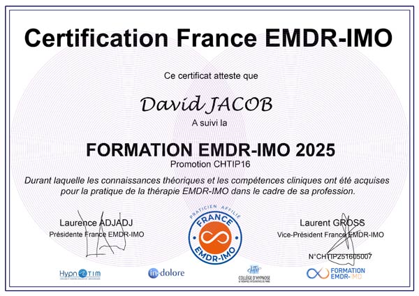 Certification de David JACOB (Nancy) en EMDR - IMO, EMDR Intégrative Certification de David JACOB (Nancy) en EMDR - IMO, EMDR Intégrative