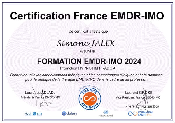 Certification Simone JALEK, EMDR IMO, Hypnose à Aubagne