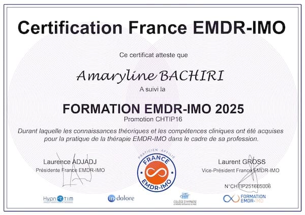 Certification EMDR Amaryline BACHIRI à Lille. Certification EMDR Amaryline BACHIRI à Lille.