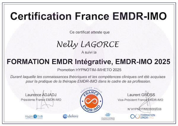 Nelly LAGORCE Certificat en EMDR IMO en Gironde. Nelly LAGORCE Certificat en EMDR IMO en Gironde.