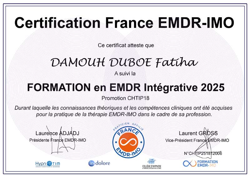 Fatiha DAMOUH-DUBOE, Psychologue, Certificat en EMDR IMO dans le 64 Fatiha DAMOUH-DUBOE, Psychologue, Certificat en EMDR IMO dans le 64