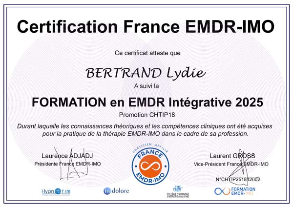 Lydie BERTRAND, Certificat de Thérapeute EMDR Intégrative. Exerce dans le 85