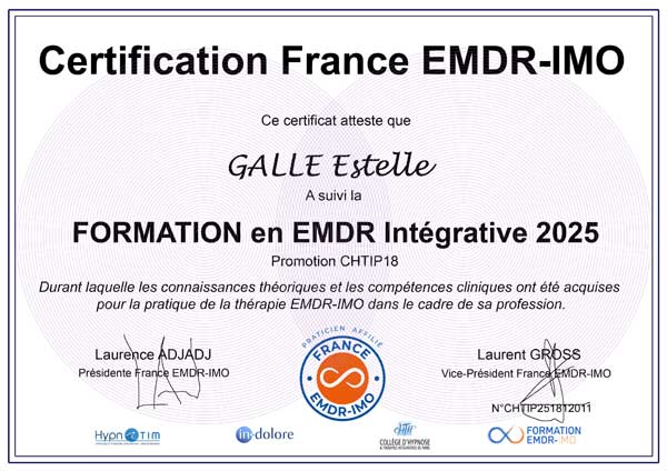 Certification d'Estelle GALLE en EMDR Intégrative.