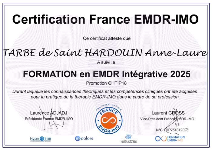 Anne-Laure TARBE de Saint HARDOUIN, Certificat d'EMDR Anne-Laure TARBE de Saint HARDOUIN, Certificat d'EMDR