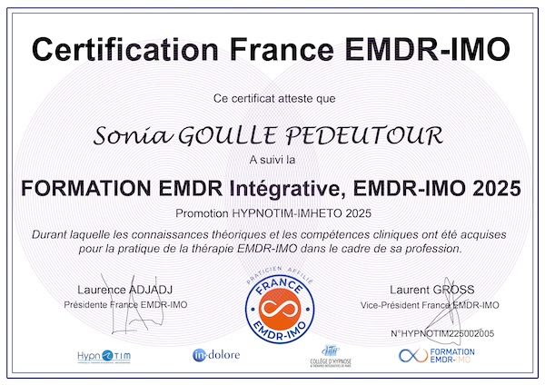 Certificat en EMDR Intégrative de Sonia PEDEUTOUR dans le 64 Certificat en EMDR Intégrative de Sonia PEDEUTOUR dans le 64