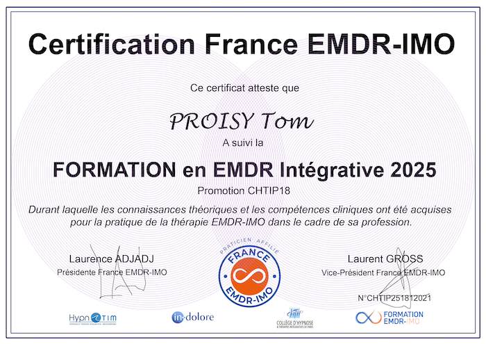 Certificat EMDR de Tom PROISY, thérapeute à Chatou dans le 78