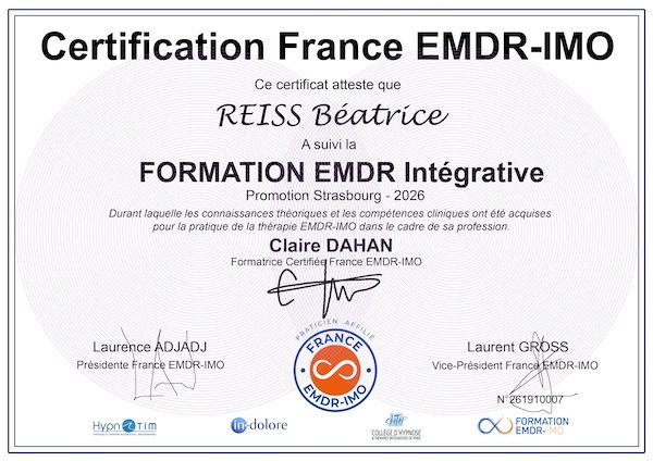 Certificat en EMDR de Béatrice REISS dans le 83
