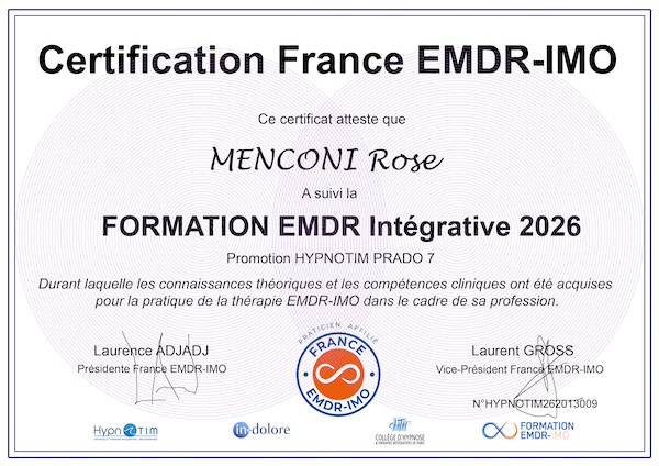 Certificat de Rose PIRA-MENCONI, Dr en Psychologie, EMDR Intégrative en Corse du Sud